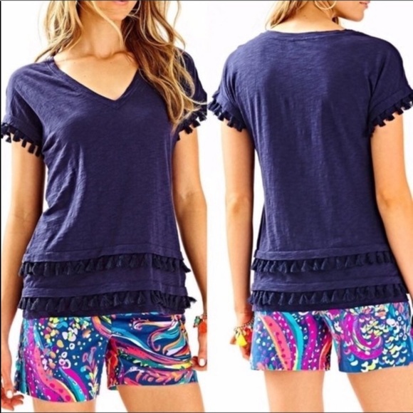 Lilly Pulitzer Blue Navy Cotton top Tassels sz small - Picture 1 of 11
